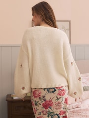 Laura Ashley Ecru Wool Blend Embroidered Floral Knit Cardigan - Image 2 of 6