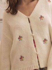 Laura Ashley Ecru Wool Blend Embroidered Floral Knit Cardigan - Image 4 of 6