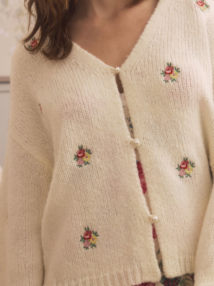 Laura Ashley Ecru Wool Blend Embroidered Floral Knit Cardigan - Image 4 of 6