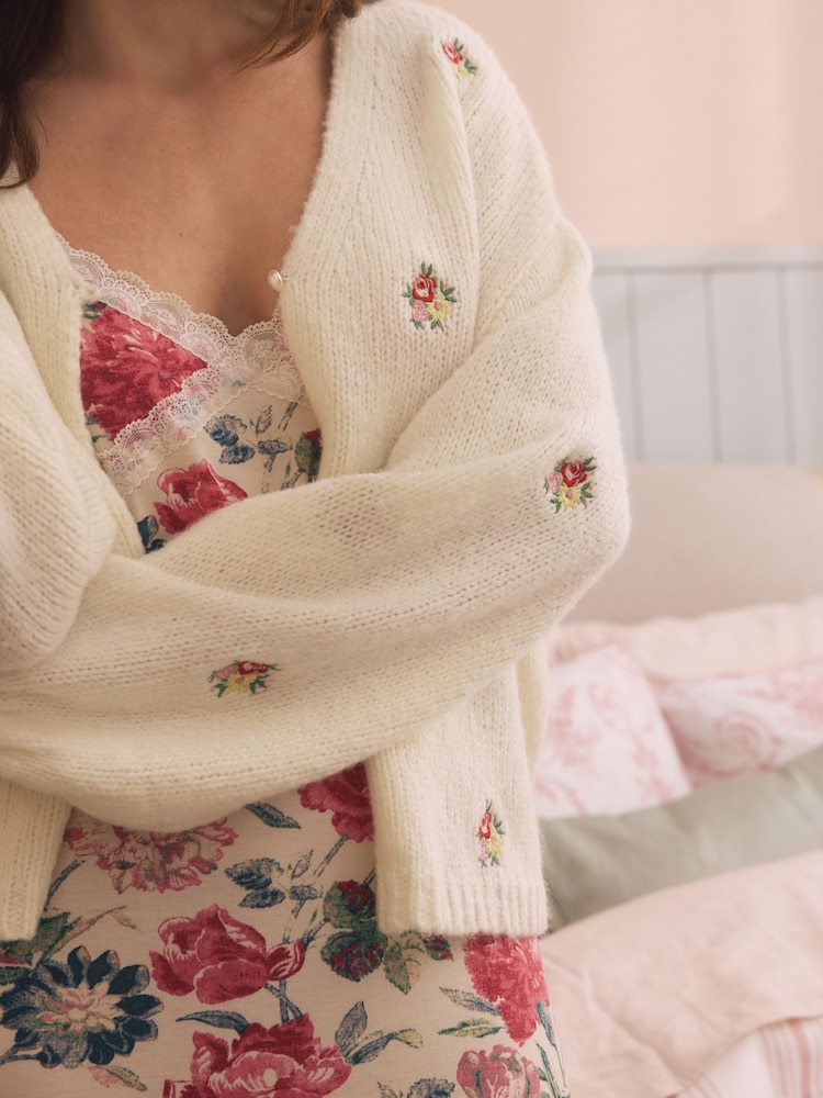 Laura Ashley Ecru Wool Blend Embroidered Floral Knit Cardigan - Image 5 of 6