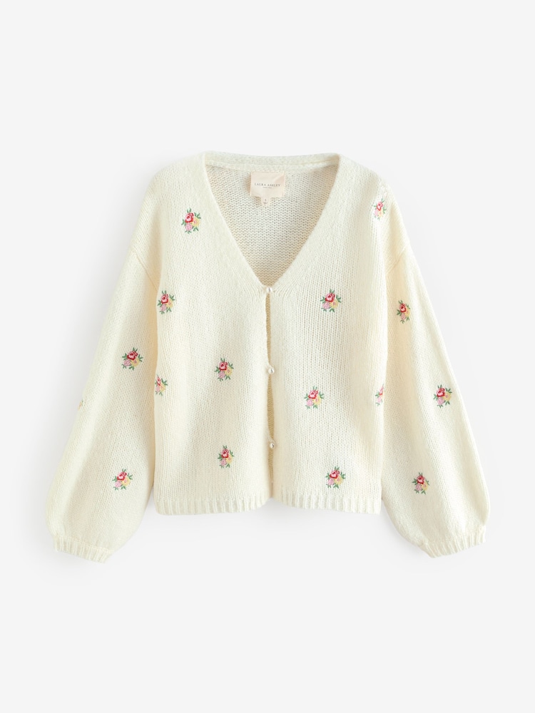 Laura Ashley Ecru Wool Blend Embroidered Floral Knit Cardigan - Image 6 of 6