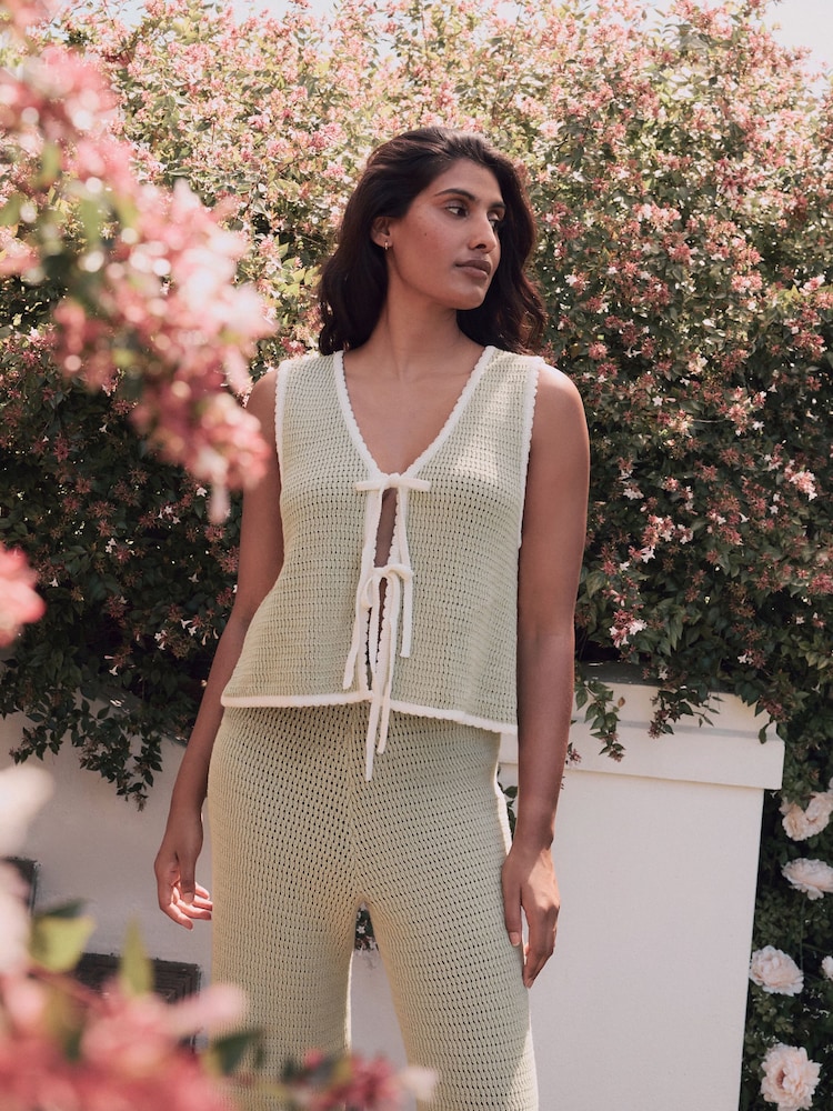 Laura Ashley Green Crochet Reversible Tie Front 100% Cotton Vest - Image 1 of 3