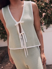 Laura Ashley Green Crochet Reversible Tie Front 100% Cotton Vest - Image 2 of 3