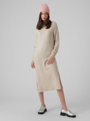 VERO MODA Cream Round Neck Knitted Midi Dress With Side Split - Image 1 of 3