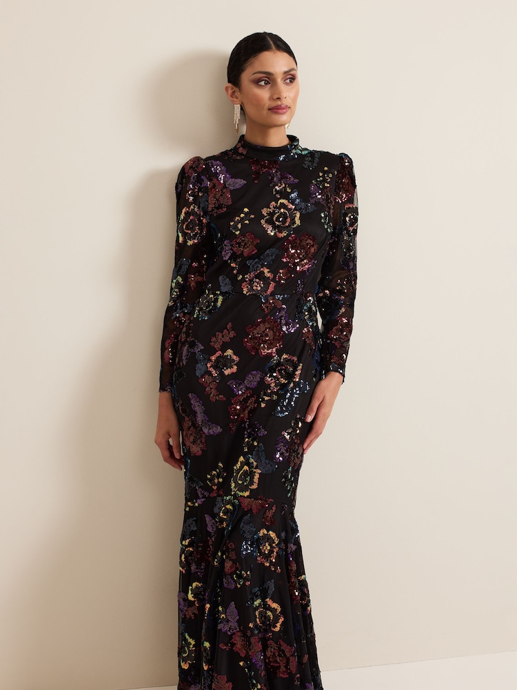 Phase Eight Black Lelo Sequin Long Sleeved Maxi Dress - Image 1 of 5