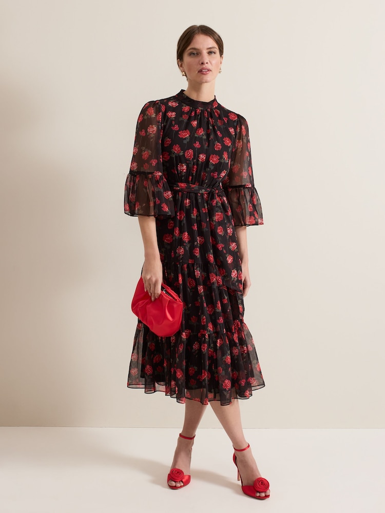 Phase Eight Black Petite Lela Floral Textured Midi Dress - Image 1 of 6
