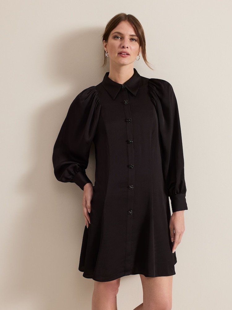 Phase Eight Black Petite Tila Satin Embellished Shirt Dress - Image 1 of 6