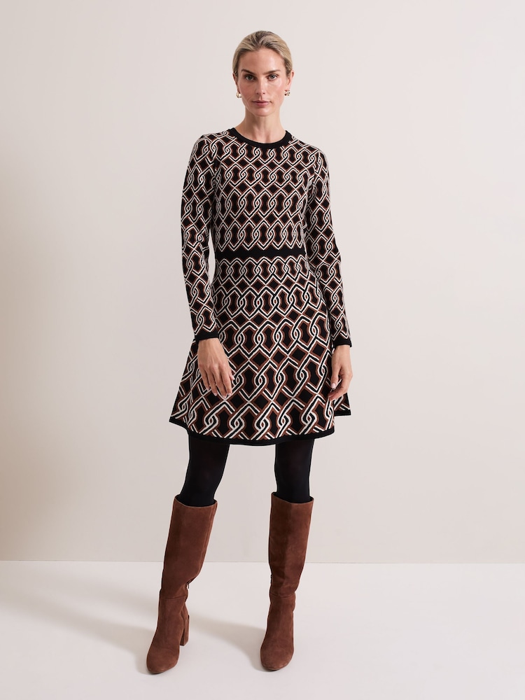 Phase Eight Black Josie Jacquard Fit and Flare Swing Dress - Image 1 of 7