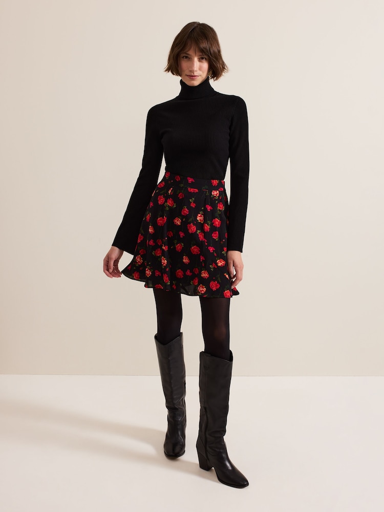 Phase Eight Black Ilaria Rose Print Flippy Skirt - Image 1 of 7