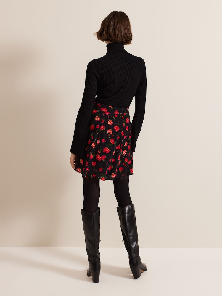 Phase Eight Black Ilaria Rose Print Flippy Skirt - Image 2 of 7