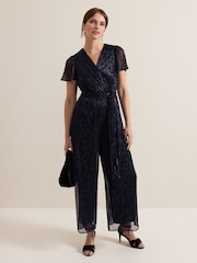 Phase Eight Blue Petite Stella Plisse Jumpsuit - Image 1 of 6