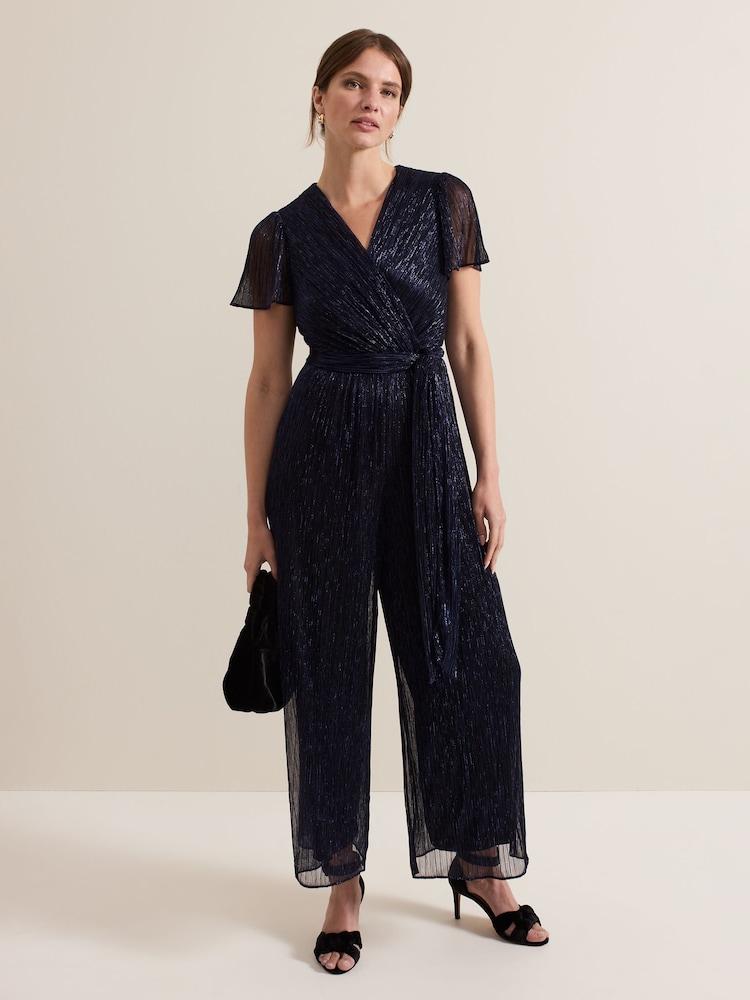 Phase Eight Blue Petite Stella Plisse Jumpsuit - Image 1 of 6