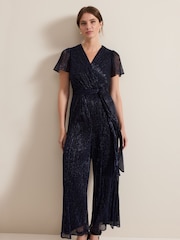 Phase Eight Blue Petite Stella Plisse Jumpsuit - Image 3 of 6
