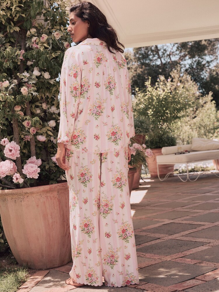 Laura Ashley Yellow Amelie Stripe Button Through Scalloped Pyjamas - Image 2 of 6