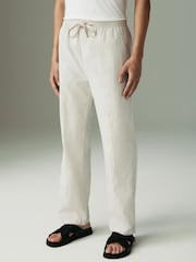 Light Grey Relaxed Fit Linen Cotton Elasticated Waist Drawstring Trousers - Image 1 of 10