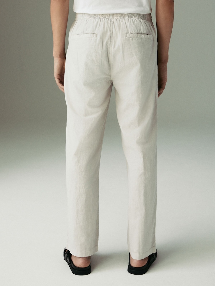 Light Grey Relaxed Fit Linen Cotton Elasticated Waist Drawstring Trousers - Image 3 of 10