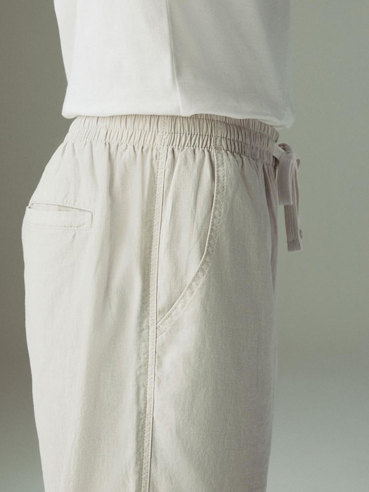 Light Grey Relaxed Fit Linen Cotton Elasticated Waist Drawstring Trousers - Image 5 of 10
