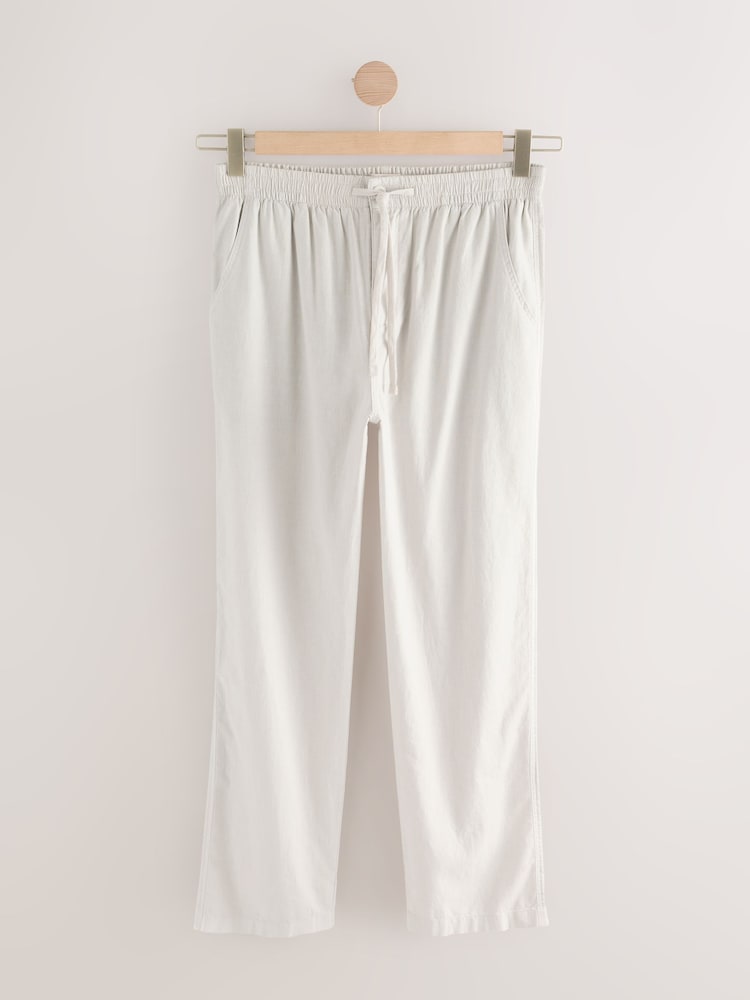 Light Grey Relaxed Fit Linen Cotton Elasticated Waist Drawstring Trousers - Image 7 of 10