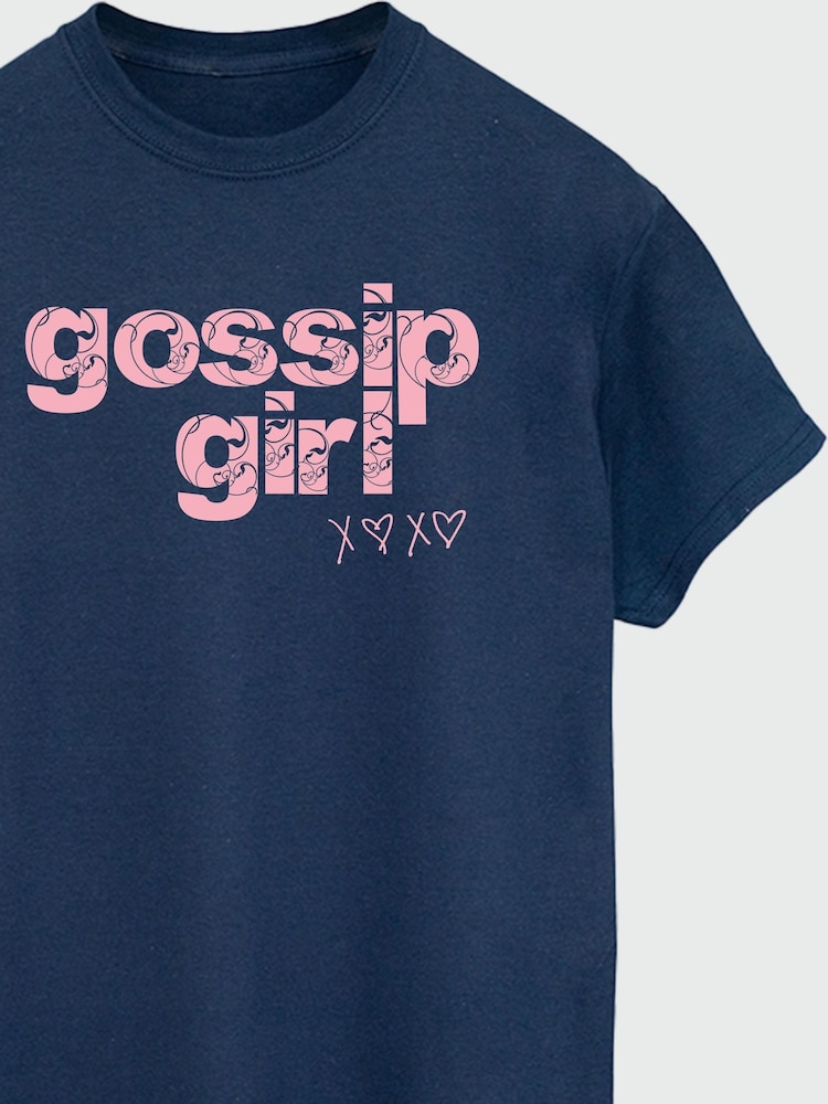 Brands In Blue Womens Boyfriend Fit Gossip Girl Swirl Logo 100% Cotton T-Shirt - Image 3 of 3