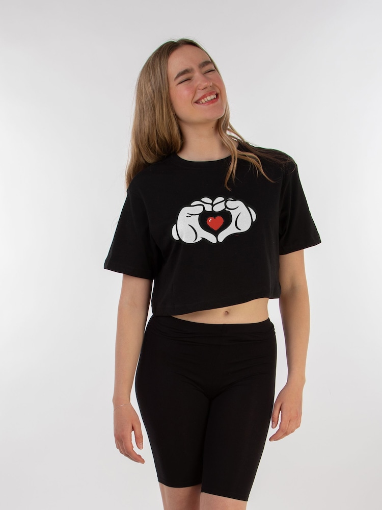 Brands In Black Womens Disney Mickey Mouse Heart Hands Cropped 100% Cotton T-Shirt - Image 1 of 2