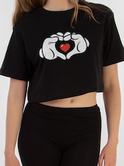 Brands In Black Womens Disney Mickey Mouse Heart Hands Cropped 100% Cotton T-Shirt - Image 2 of 2
