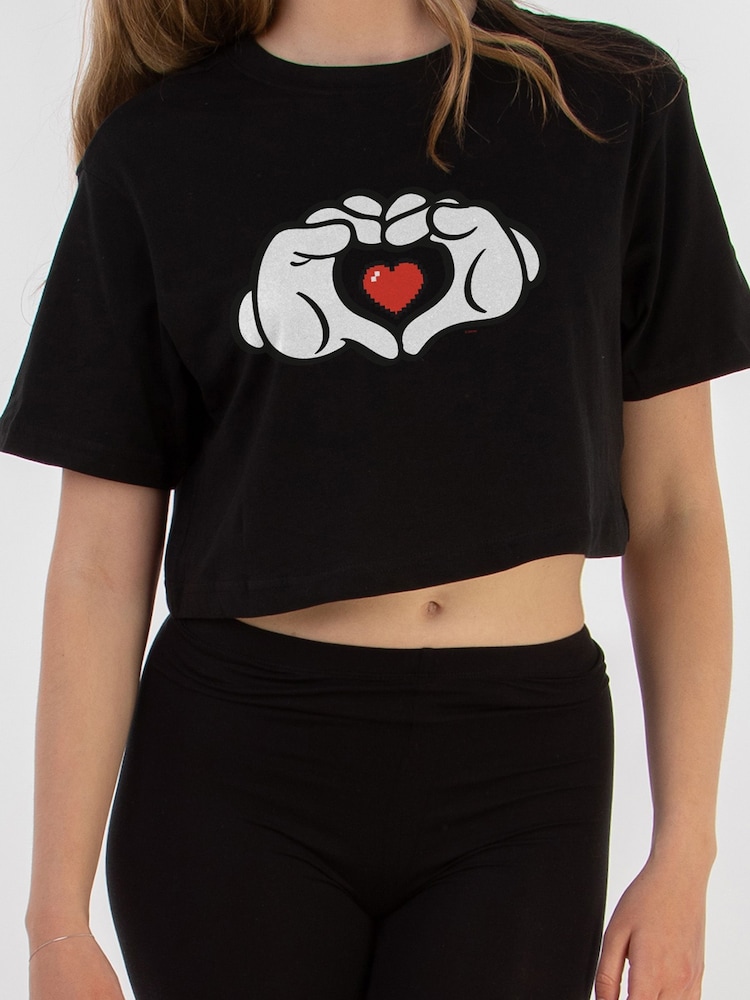 Brands In Black Womens Disney Mickey Mouse Heart Hands Cropped 100% Cotton T-Shirt - Image 2 of 3 Brands In Black Womens Disney Mickey Mouse Heart Hands Cropped 100% Cotton T-Shirt - Image 2 of 3