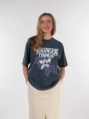 Supacult Grey Women Netflix Stranger Things Flower Logo Washed T-Shirt - Image 1 of 3