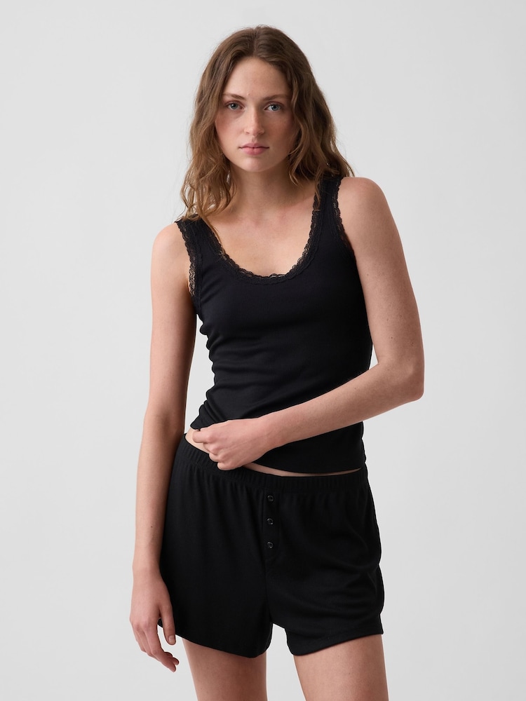 Gap Black Mini Rib Lace-Trim Pyjamas Vest - Image 1 of 4 Gap Black Mini Rib Lace-Trim Pyjamas Vest - Image 1 of 4