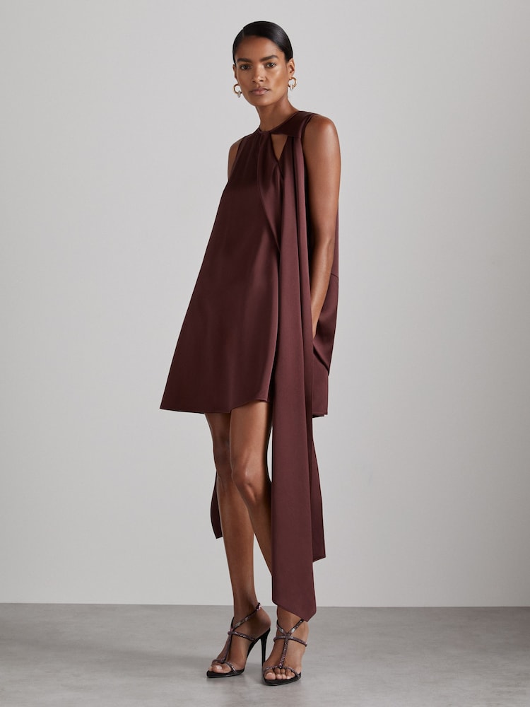 Reiss Burgundy Quinn Atelier Satin Draped-Sash Mini Dress - Image 1 of 6