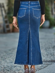 Sosandar Blue Petite Fishtail Denim Maxi Skirt - Image 4 of 5