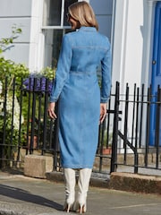 Sosandar Blue Petite Long Sleeve 100% Cotton Maxi Shirt Dress - Image 4 of 5