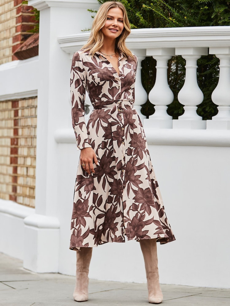 Sosandar White Petite Floral Print Satin Midaxi Shirt Dress - Image 2 of 5