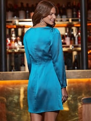 Sosandar Blue Petite Satin Ruched Detail Dress - Image 4 of 5