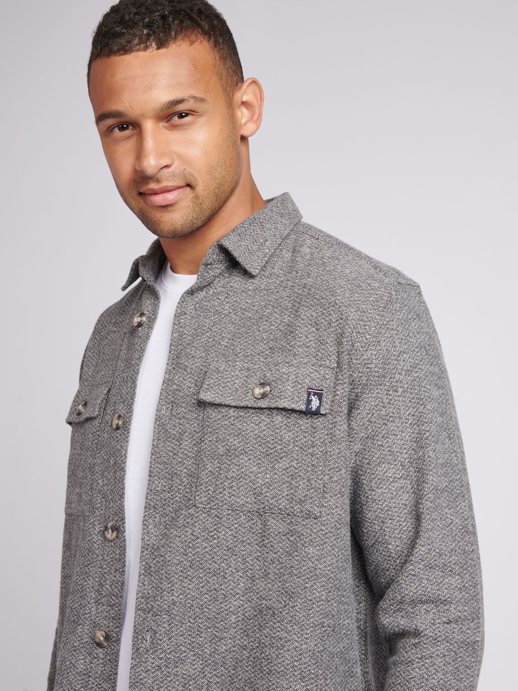 U.S. Polo Assn. Grey Mens Textured Herringbone 100% Cotton Overshirt - Image 2 of 8