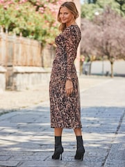 Sosandar Natural Petite Animal Print Mesh Ruched Waist Fit and Flare Dress - Image 3 of 5