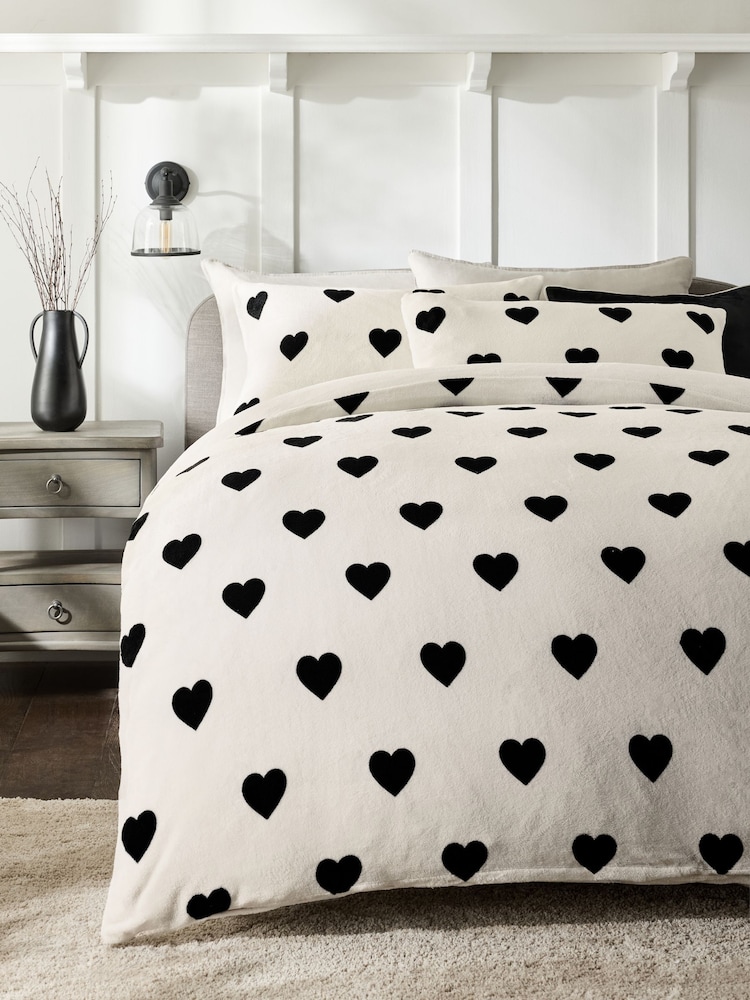 Monochrome Heart Fleece Duvet Cover and Pillowcase Set - Image 1 of 5