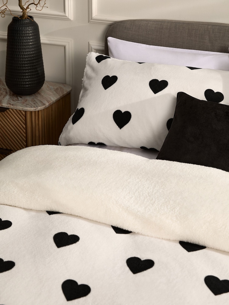 Monochrome Heart Fleece Duvet Cover and Pillowcase Set - Image 2 of 5