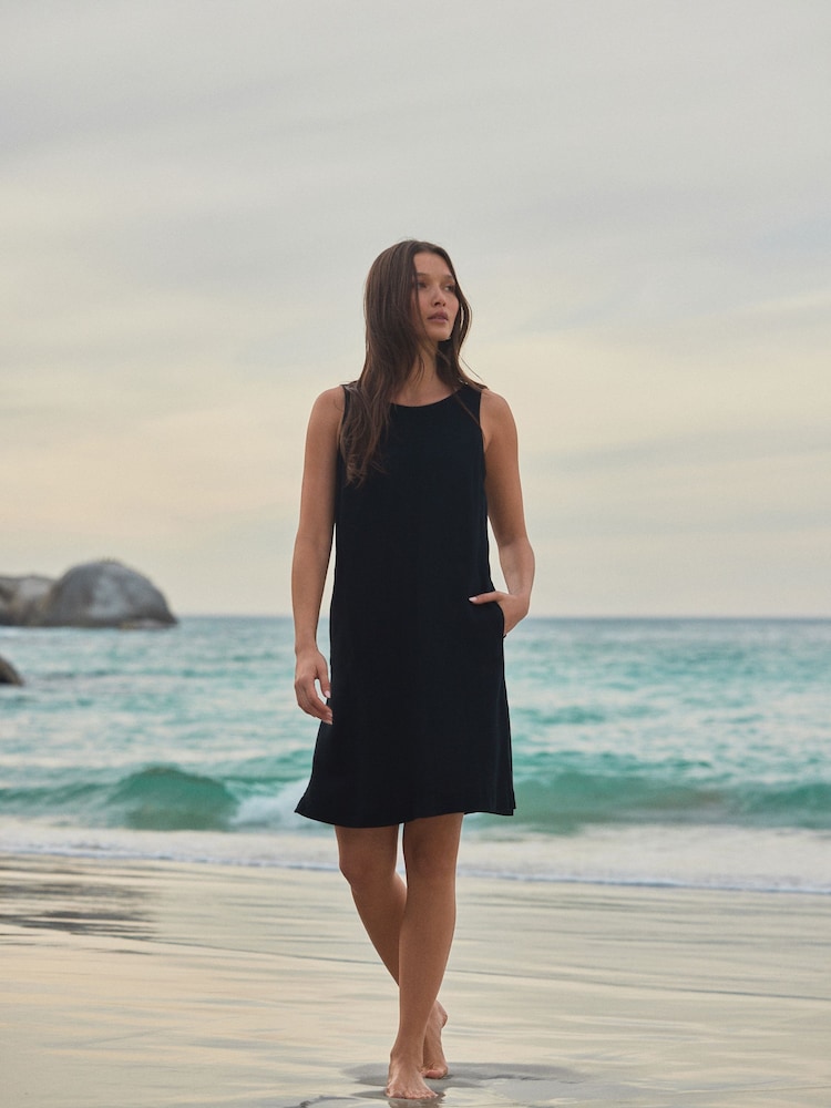 Black Scoop Back Mini Shift Dress With Linen - Image 2 of 8
