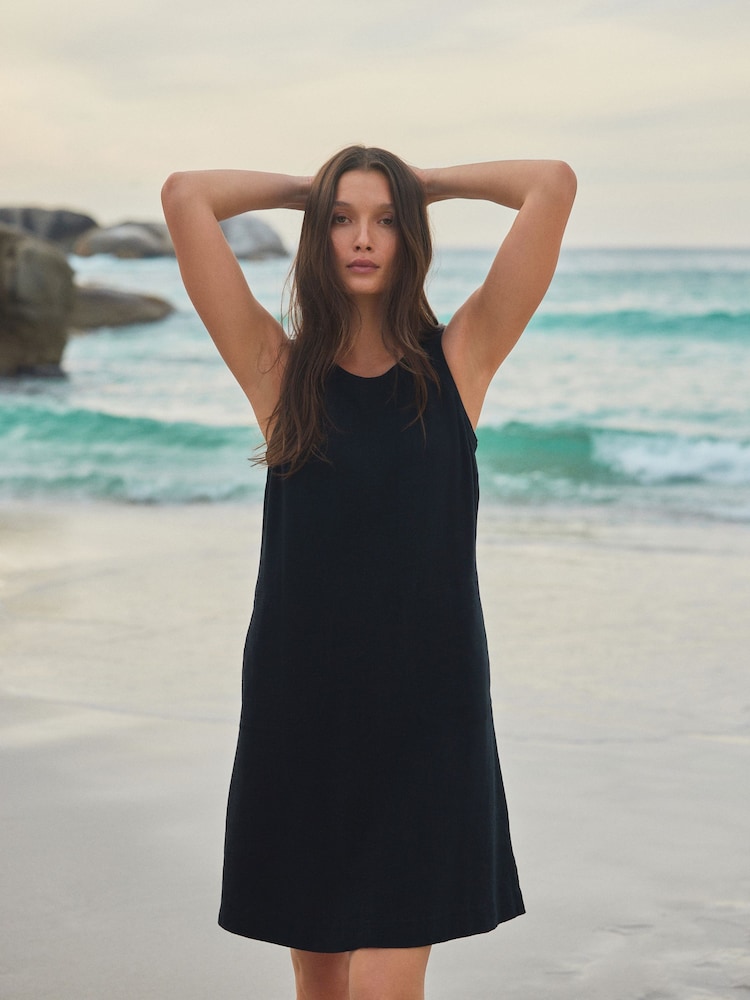 Black Scoop Back Mini Shift Dress With Linen - Image 3 of 8