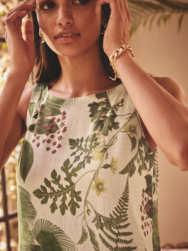 Kew Collection בצבע שמנת וירוק עם הדפס דקל פרחוני - Scoop Back Mini Shift Dress With Linen - Image 4 of 8