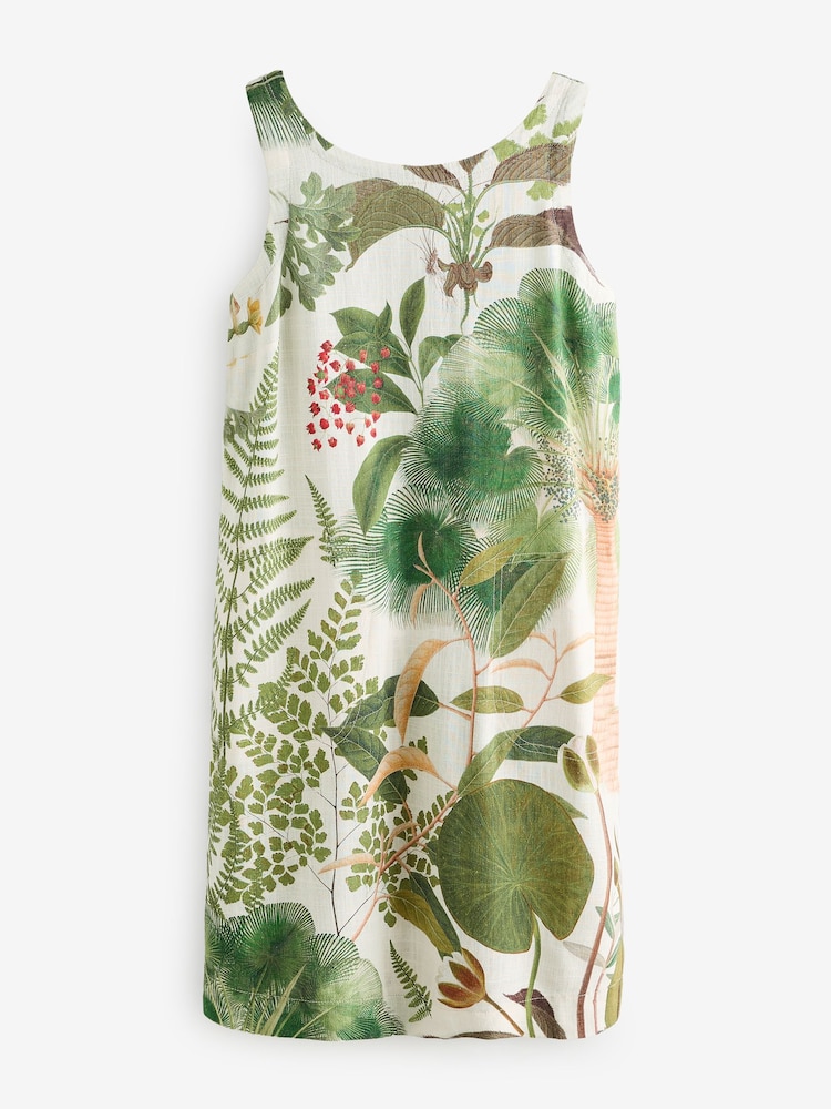 Kew Collection בצבע שמנת וירוק עם הדפס דקל פרחוני - Scoop Back Mini Shift Dress With Linen - Image 6 of 8