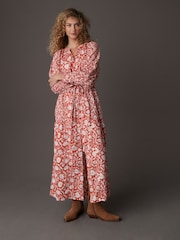 Red/White Floral Long Sleeve 100% Cotton Maxi Shirt Dress - Image 1 of 7