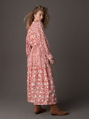 Red/White Floral Long Sleeve 100% Cotton Maxi Shirt Dress - Image 3 of 7