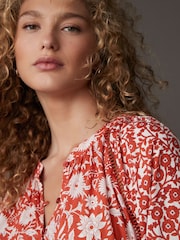 Red/White Floral Long Sleeve 100% Cotton Maxi Shirt Dress - Image 4 of 7