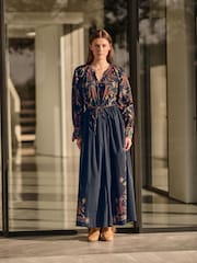 Black Placement Print Floral Long Sleeve 100% Cotton Maxi Shirt Dress - Image 1 of 4