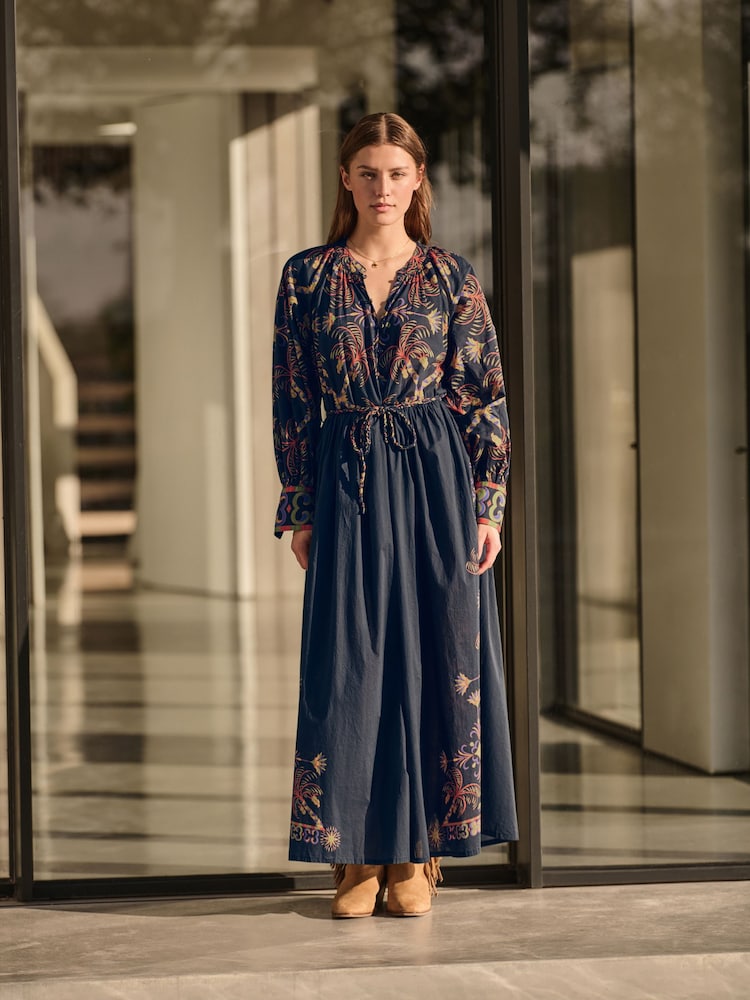 Black Placement Print Floral Long Sleeve 100% Cotton Maxi Shirt Dress - Image 1 of 4