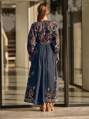 Black Placement Print Floral Long Sleeve 100% Cotton Maxi Shirt Dress - Image 3 of 4
