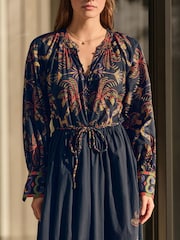 Black Placement Print Floral Long Sleeve 100% Cotton Maxi Shirt Dress - Image 4 of 4