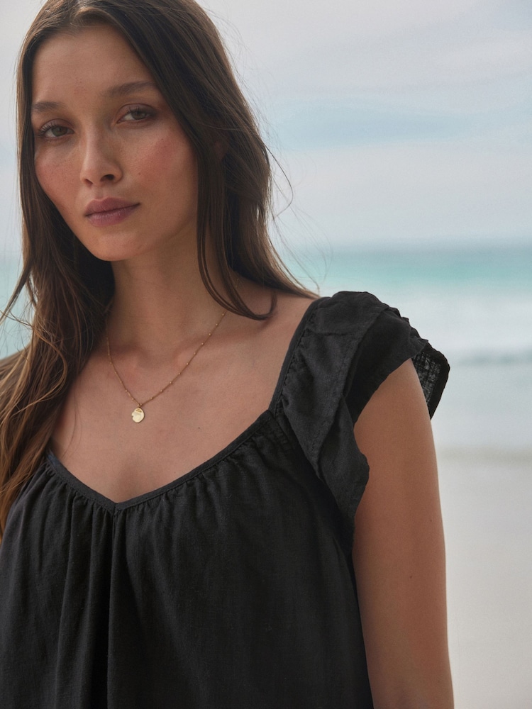 Black V-Neck Ruffle Sleeve Mini Dress with Linen - Image 3 of 6