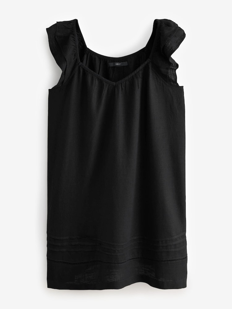 Black V-Neck Ruffle Sleeve Mini Dress with Linen - Image 4 of 6